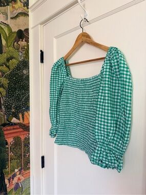 New York & Company 100% cotton Green Gingham Smocked Puff 3/4 Sleeve Top - M